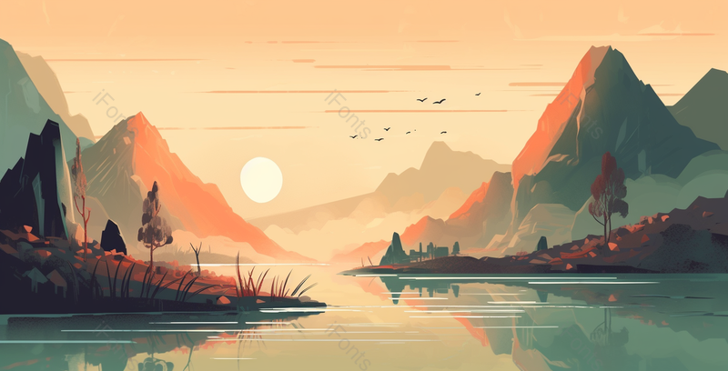 自然景观太阳日出远处山水画,插画/手绘图,插画/手绘图库,插画/手绘图下载,插画/手绘